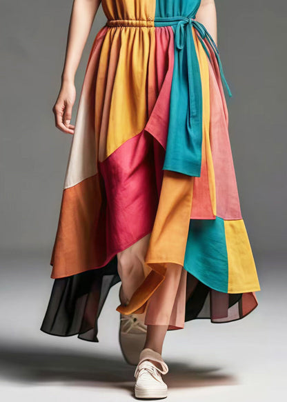 Colorblock V Neck Patchwork Cotton Cinched Dresses Summer
