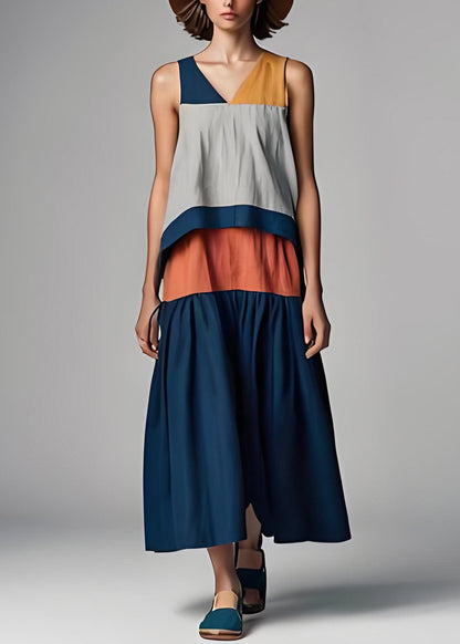 Colorblock V Neck Patchwork Cotton Dresses Sleeveless