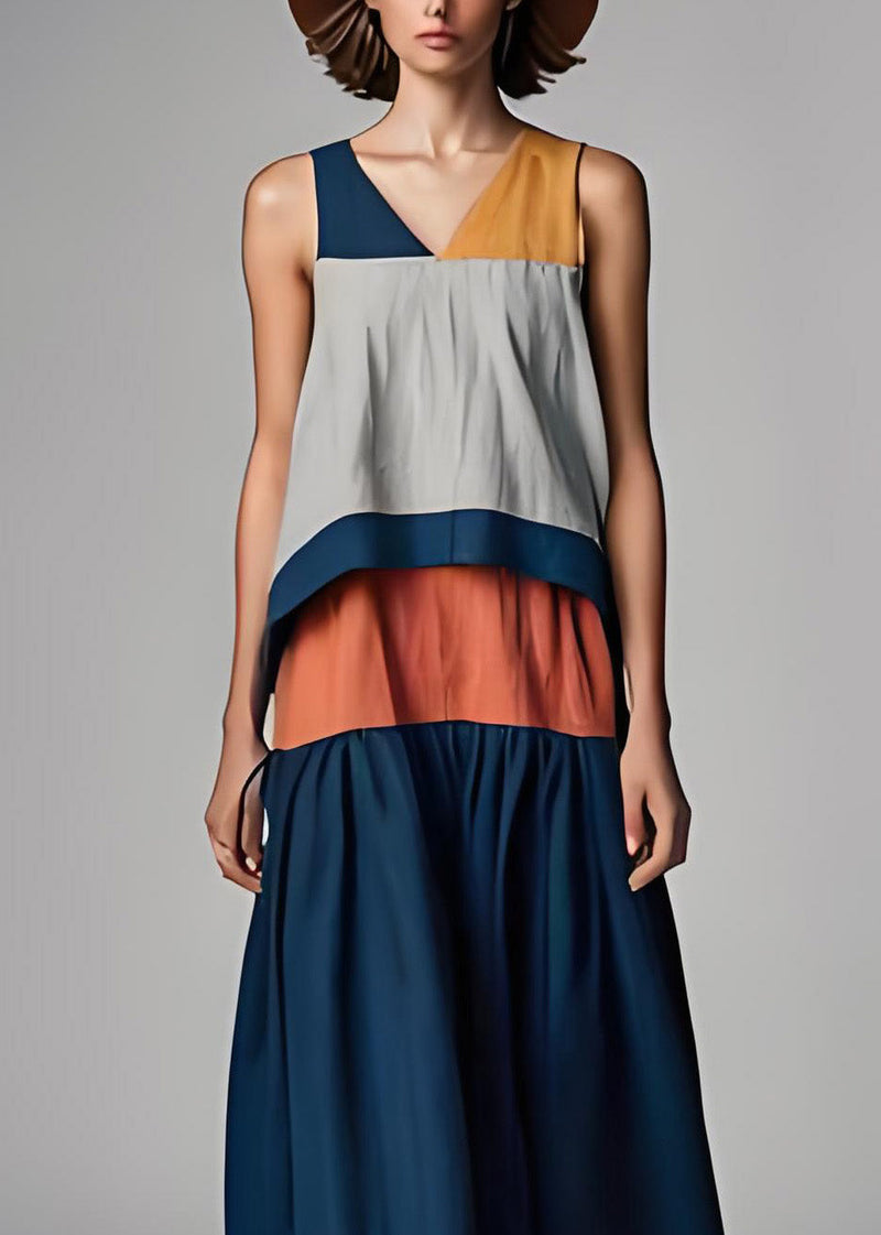 Colorblock V Neck Patchwork Cotton Dresses Sleeveless