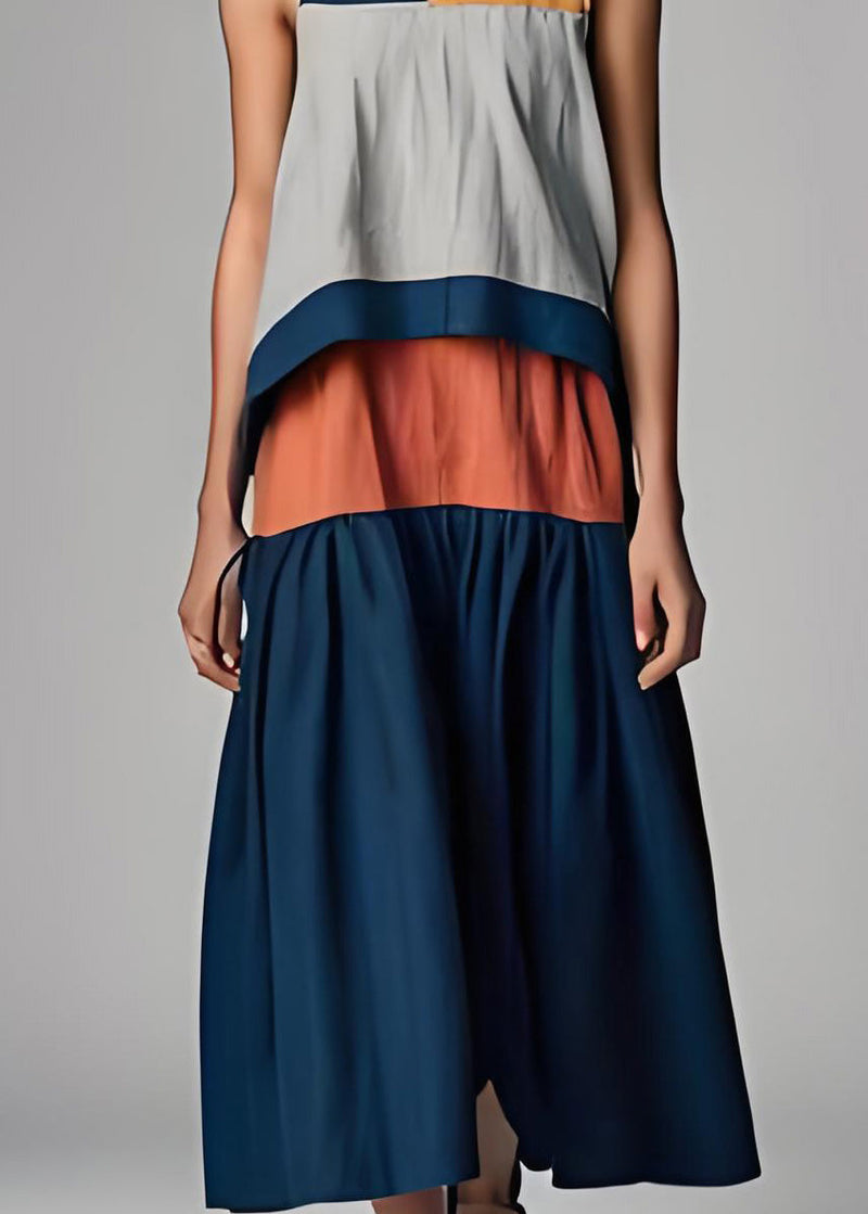 Colorblock V Neck Patchwork Cotton Dresses Sleeveless
