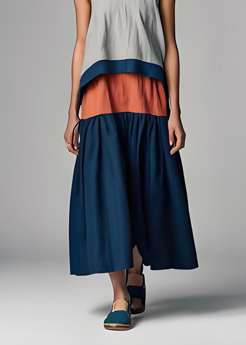 Colorblock V Neck Patchwork Cotton Dresses Sleeveless