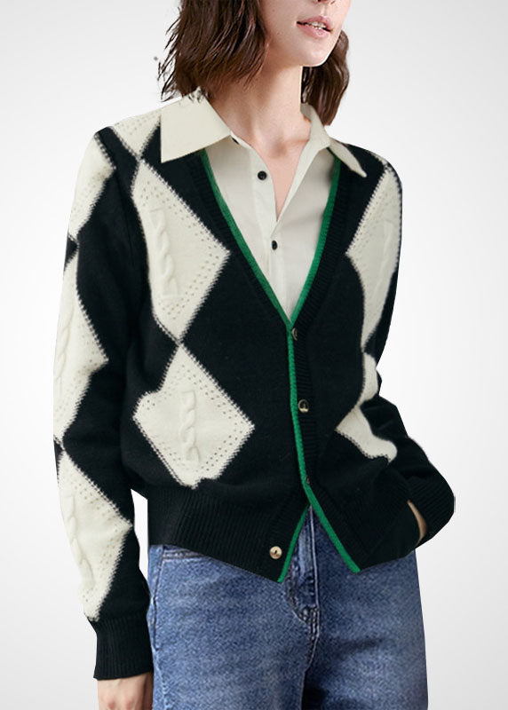 Colorblock V Neck Patchwork Plaid Wool Knit Cardigan Winter