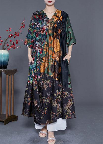 Colorblock V Neck Patchwork Wrinkled Print Silk Long Dress Summer