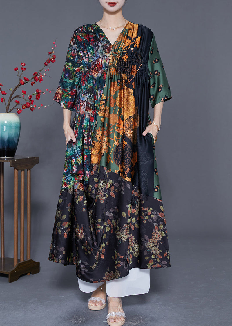 Colorblock V Neck Patchwork Wrinkled Print Silk Long Dress Summer