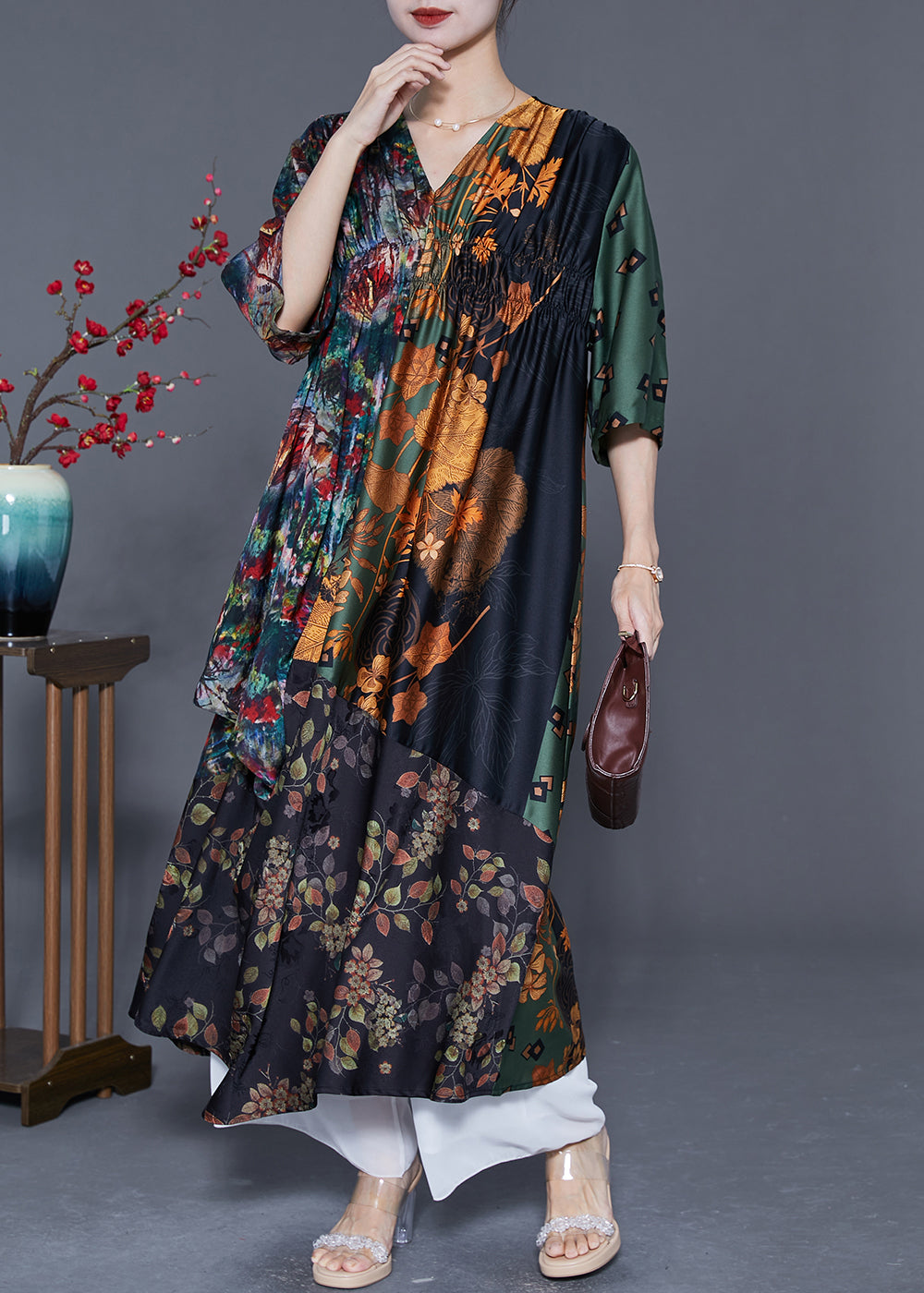 Colorblock V Neck Patchwork Wrinkled Print Silk Long Dress Summer