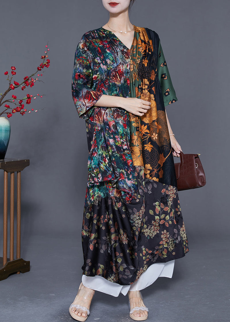 Colorblock V Neck Patchwork Wrinkled Print Silk Long Dress Summer
