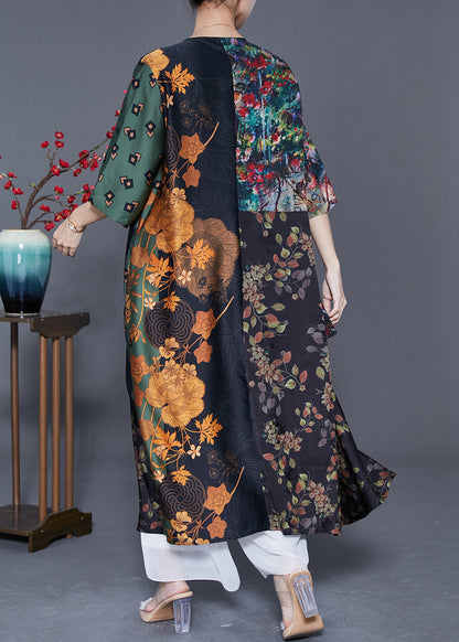 Colorblock V Neck Patchwork Wrinkled Print Silk Long Dress Summer