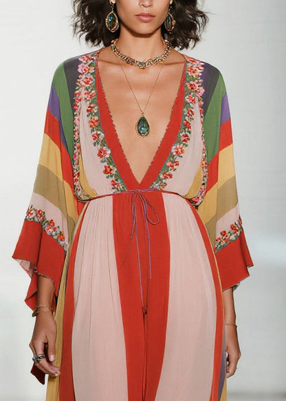 Colorblock V Neck Print Chiffon Holiday Dress Summer
