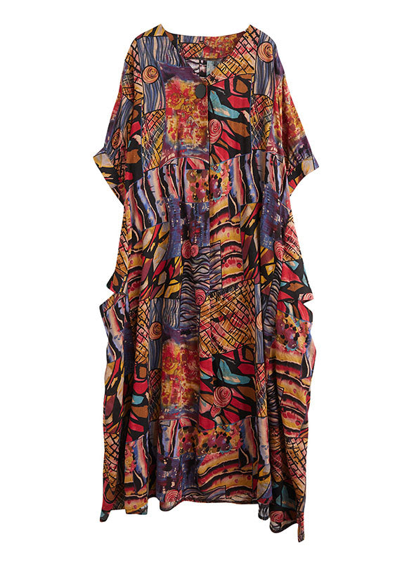Colorblock V Neck Print Cotton Maxi Dresses Short Sleeve