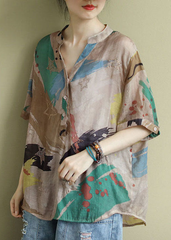 Colorblock V Neck Print Patchwork Cotton Shirts Top Summer