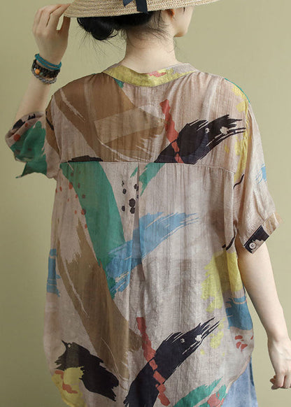 Colorblock V Neck Print Patchwork Cotton Shirts Top Summer