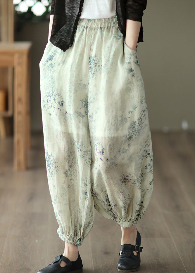 Cyan Pockets Print Linen Lantern Pants Summer