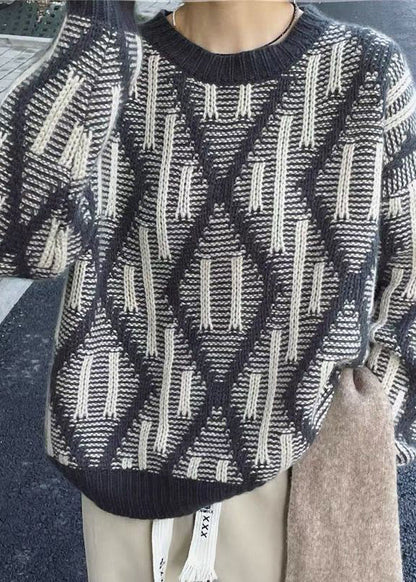 Dark Blue O-neck Thick Plaid Knit Sweaters Fall