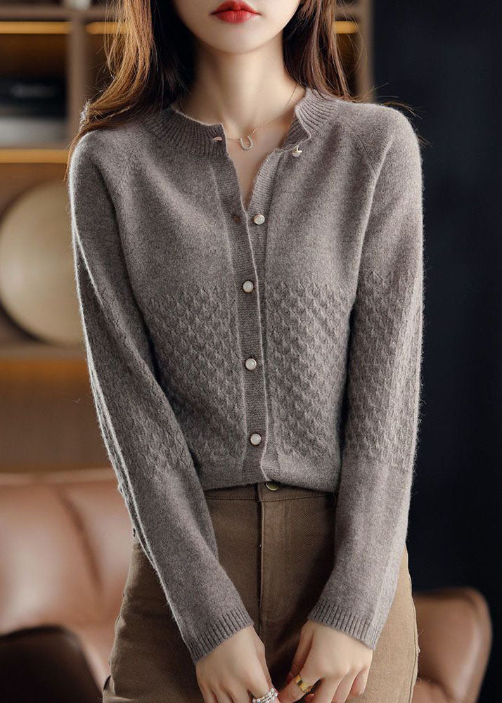 Dark Camel O-neck Button Slim Fit Knit Cardigan Winter