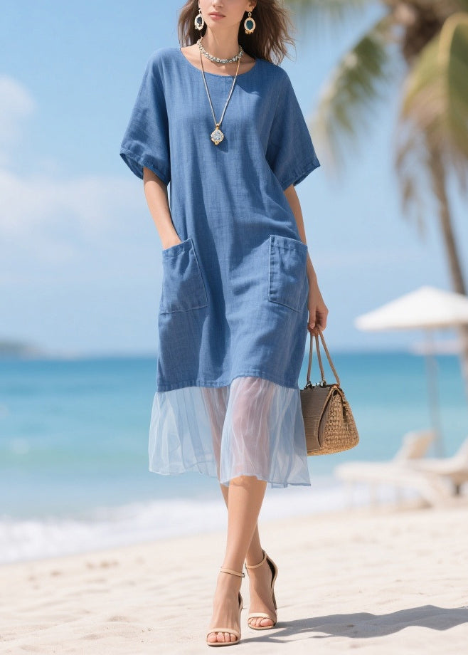 Denim Blue Pockets Patchwork Tulle Cotton Long Dress Summer