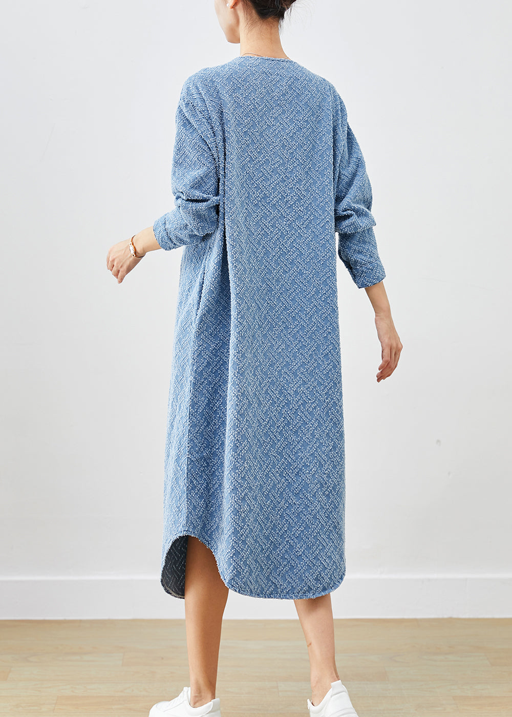 Denim Blue V Neck Cotton Long Dress Fall