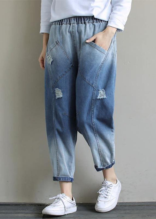 Denim Light Blue Trousers Oversize Spring Elastic Waist Hole Work Pant