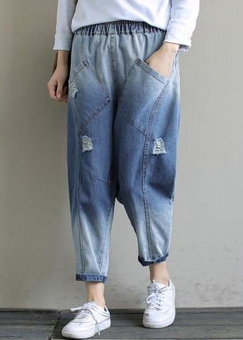 Denim Light Blue Trousers Oversize Spring Elastic Waist Hole Work Pant