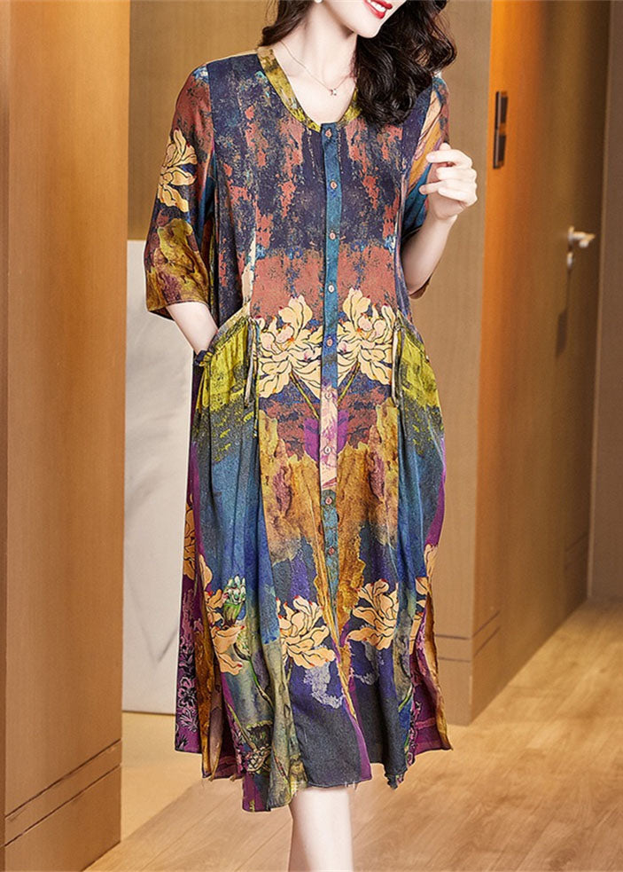 Pockets Wrinkled Patchwork Silk Dress Summer