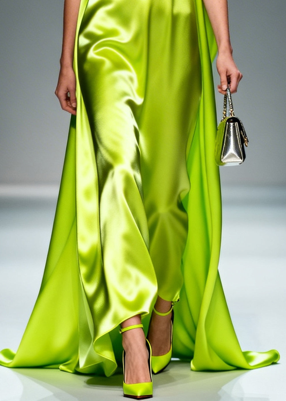 Fluorescent Green Ruffled Exra Large Hem Silk Maxi Dresses Sleeveless