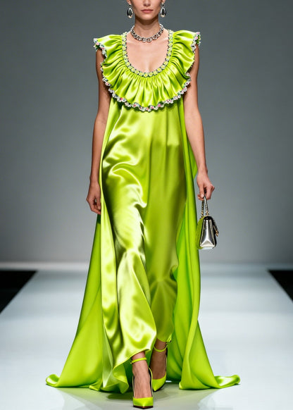 Fluorescent Green Ruffled Exra Large Hem Silk Maxi Dresses Sleeveless