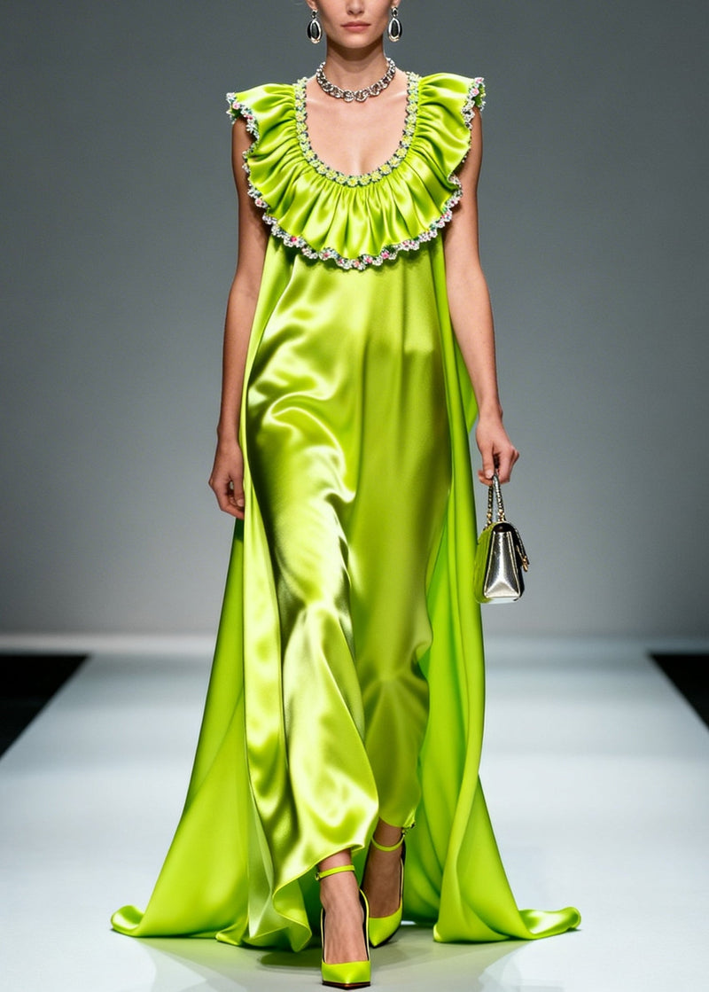 Fluorescent Green Ruffled Exra Large Hem Silk Maxi Dresses Sleeveless