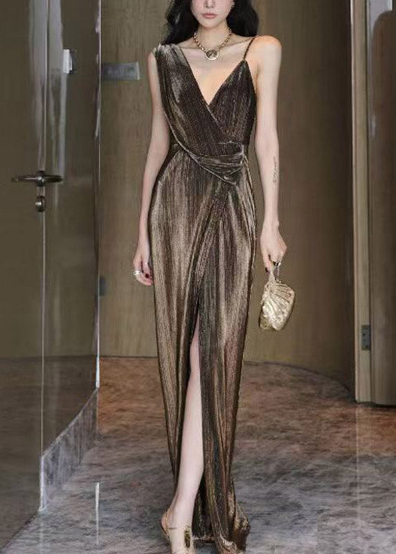 Gold V Neck Side Open Maxi Dress Summer