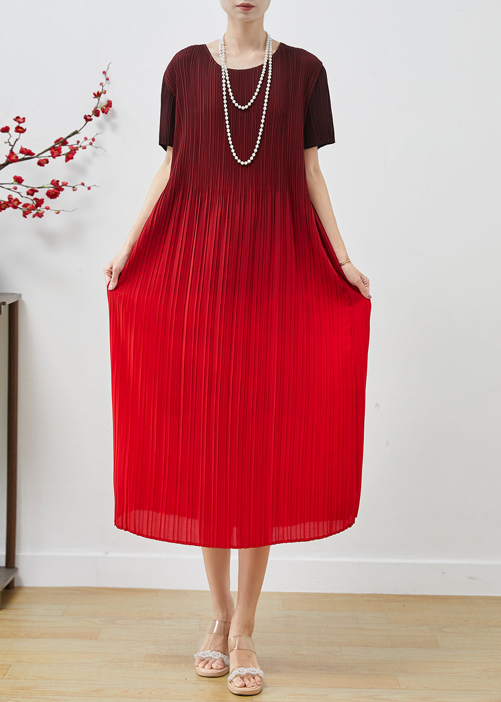 Gradient Red Oversized Wrinkled Chiffon Dress Summer