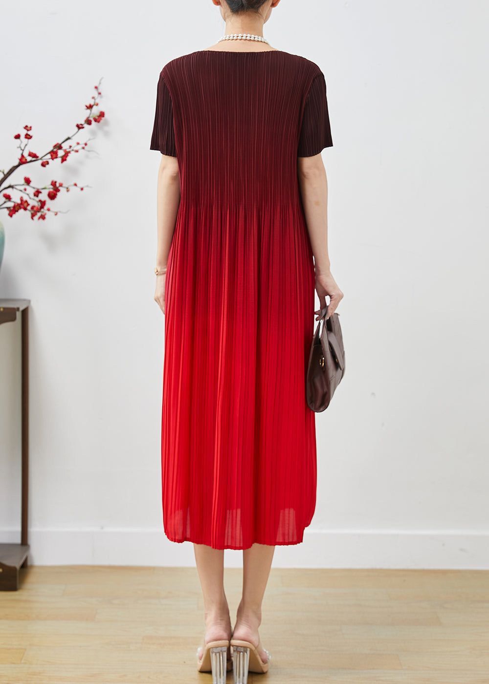 Gradient Red Oversized Wrinkled Chiffon Dress Summer