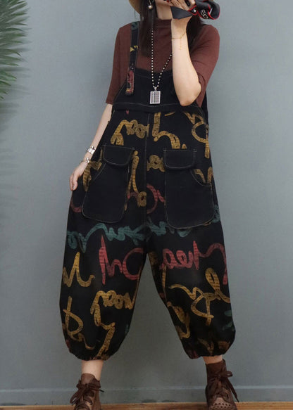 Graphic Print Patchwork Denim Lantern Jumpsuits Spring
