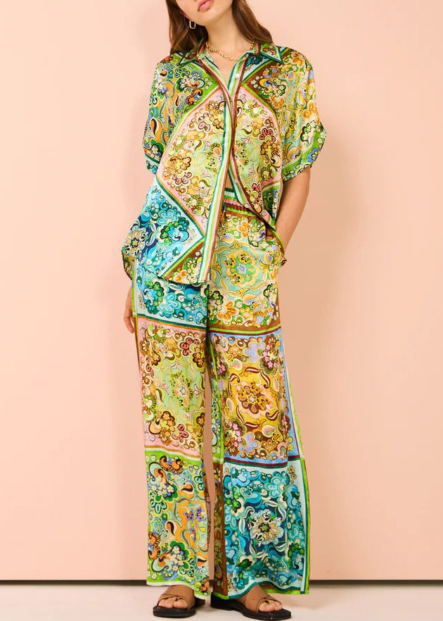 Green Button Print Pockets Cotton Two Pieces Set Summer