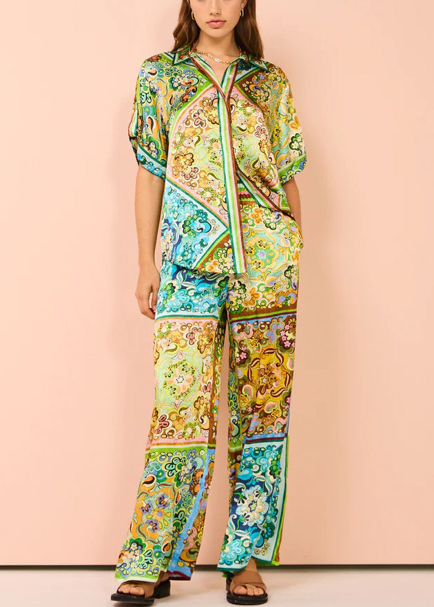 Green Button Print Pockets Cotton Two Pieces Set Summer