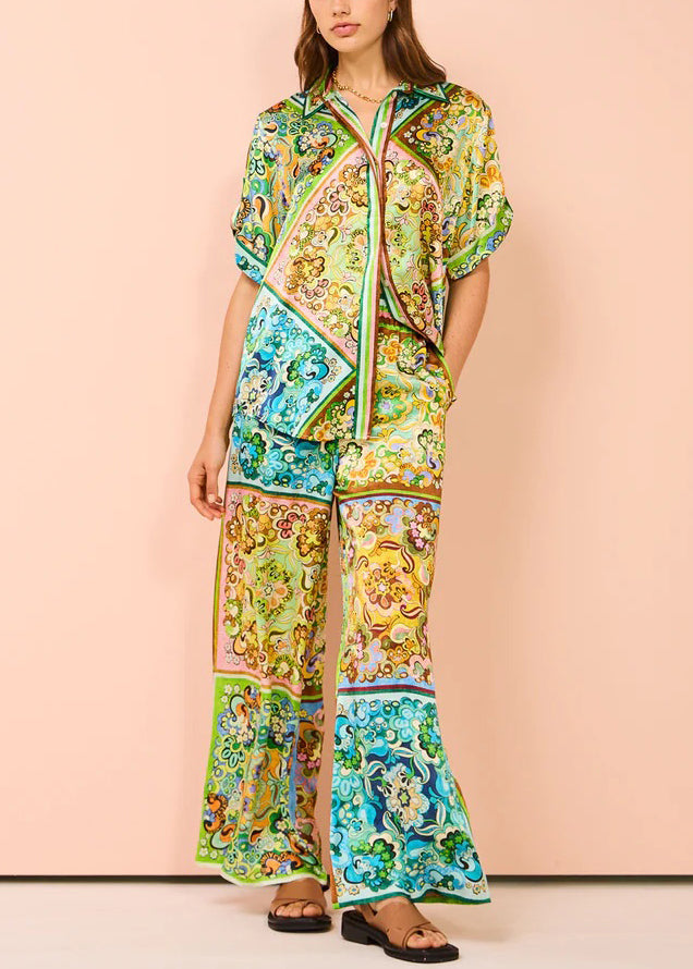 Green Button Print Pockets Cotton Two Pieces Set Summer