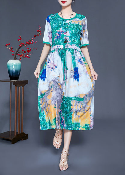 Green Cinched Tie Dye Silk Dress Summer
