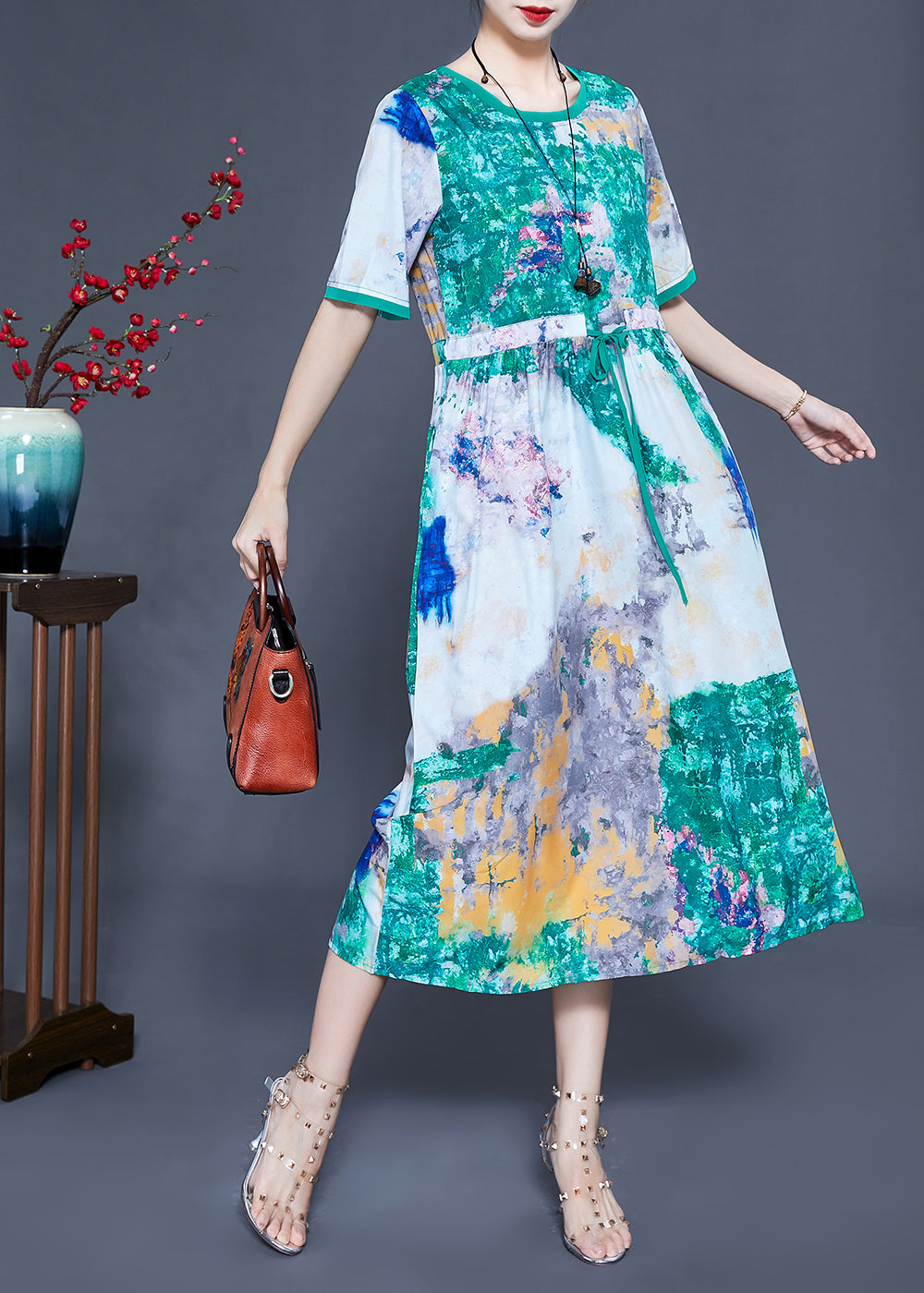 Green Cinched Tie Dye Silk Dress Summer