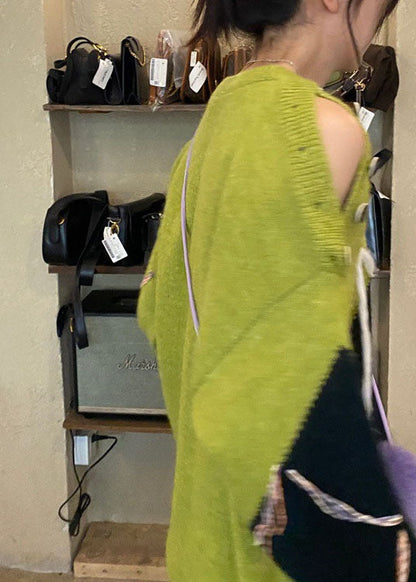 Green Cold Shoulder Button Knit Top Winter