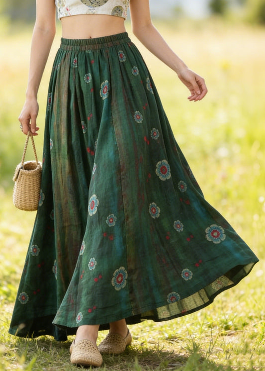 Green Elastic Waist Print Linen Skirts Summer
