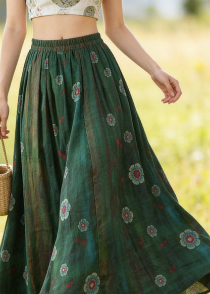 Green Elastic Waist Print Linen Skirts Summer