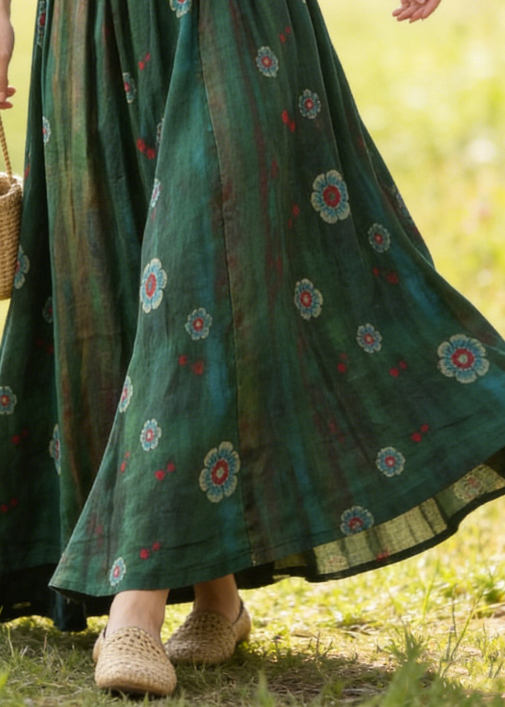 Green Elastic Waist Print Linen Skirts Summer