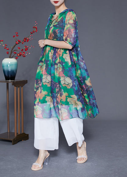 Green Hooded Ruffled Print Chiffon Dress Summer