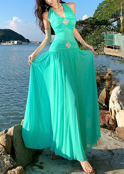 Green Lace Up Cotton Long Dress Sleeveless