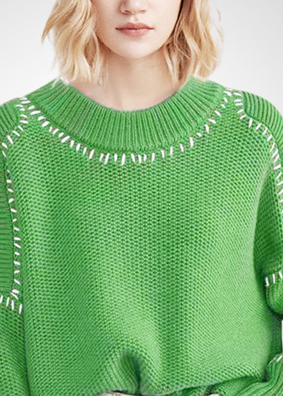 Green O-neck Oversized Thick Wool Short Sweater Winter