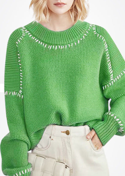 Green O-neck Oversized Thick Wool Short Sweater Winter