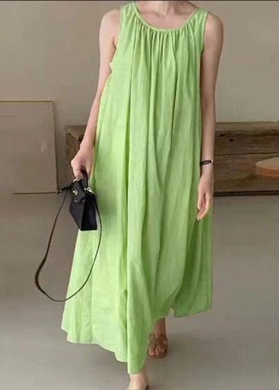 Green O Neck Patchwork Wrinkled Cotton Dress Sleeveless