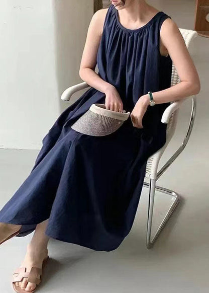 Green O Neck Patchwork Wrinkled Cotton Dress Sleeveless