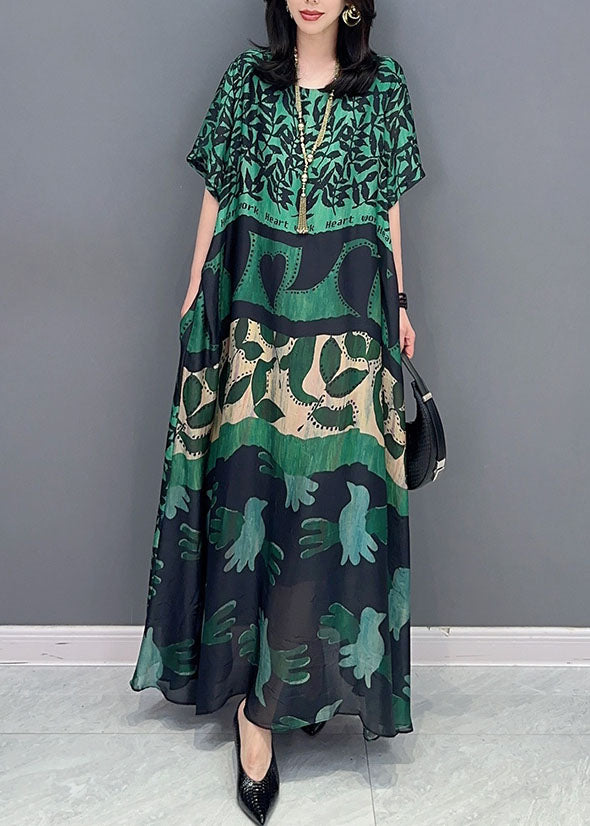 Green O Neck Pockets Print Patchwork Silk Long Dresses Summer