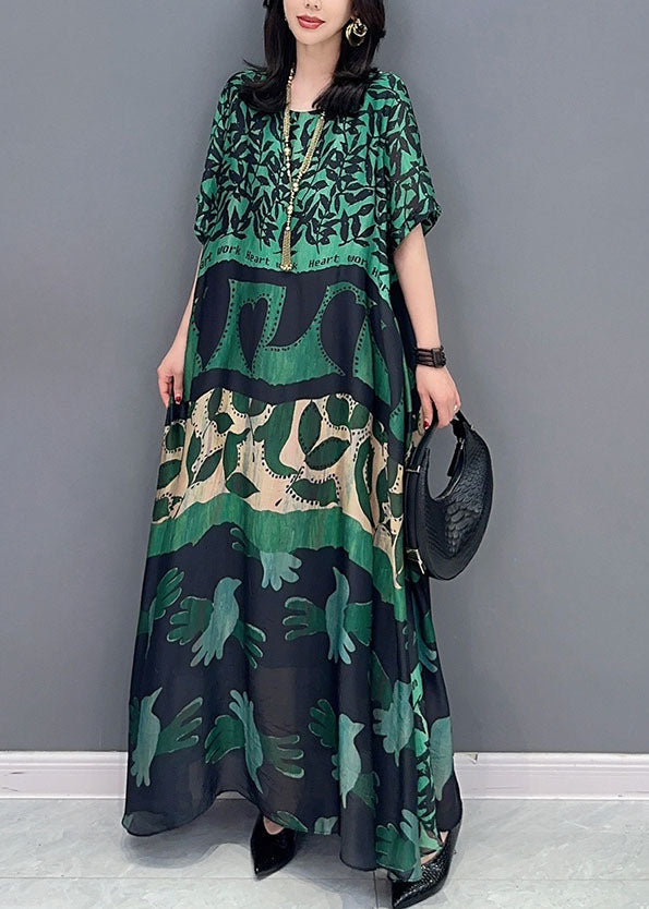 Green O Neck Pockets Print Patchwork Silk Long Dresses Summer