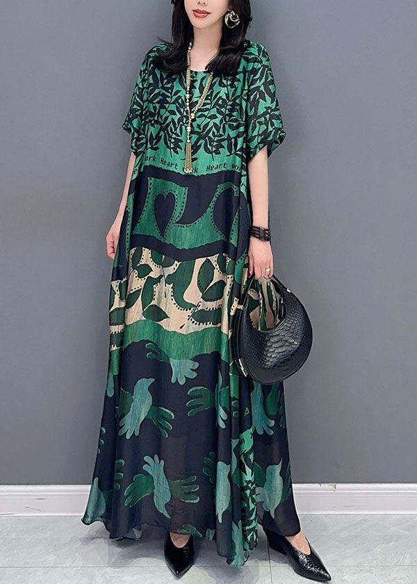 Black Texture O Neck Pockets Print Patchwork Silk Long Dresses Summer