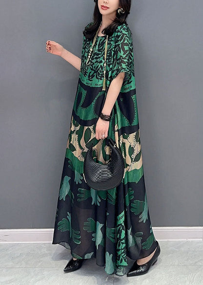 Green O Neck Pockets Print Patchwork Silk Long Dresses Summer