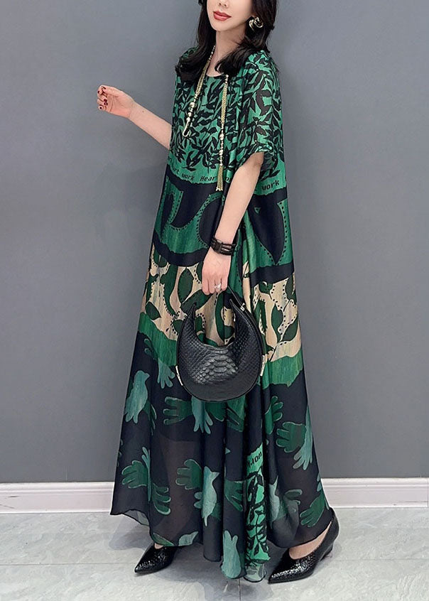 Black Cashew Nuts O Neck Pockets Print Patchwork Silk Long Dresses Summer